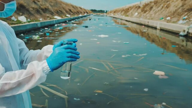 Scientist examining water sample in polluted waterway for environmental research