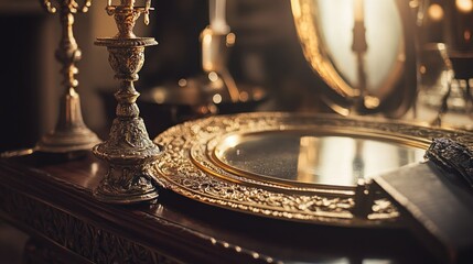 Elegant antique golden objects and reflections are showcased in the image