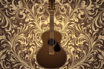 Acoustic Guitar on Ornate Brown Beige Damask Background