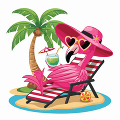 A fun, tropical illustration of a pink flamingo lounging on a striped beach chair under a palm tree. The flamingo is wearing a wide-brimmed hat and heart-shaped sunglasses, sipping a cocktail on a sun © HaiderAi