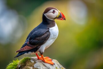 Obraz premium Atlantic Puffin Perched on Rock with Green Background