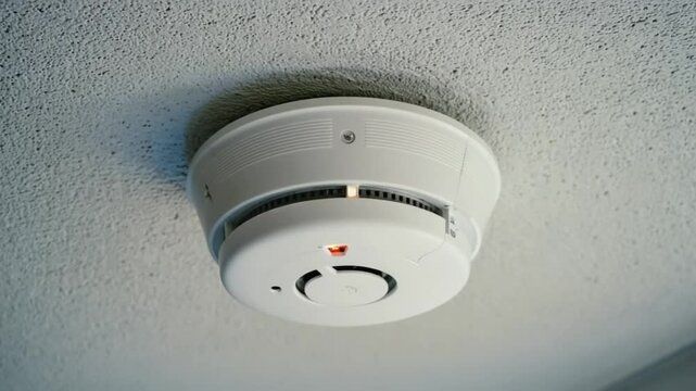 White smoke detector on ceiling fire safety and prevention concept
