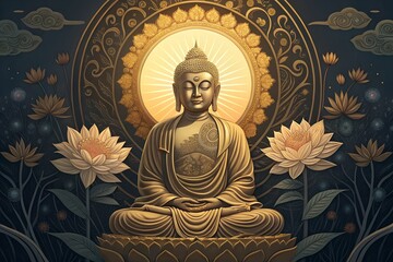 Obraz premium Golden Buddha with Lotus Flowers – Tranquil Spiritual Meditation Art
