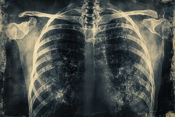 Chest X-ray showing diffuse, patchy opacities throughout the lungs, along with visible ribs and shoulder bones.  A medical image of the upper body, displaying abnormalities in the pulmonary region