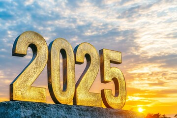 golden 2025 numbers glowing on stone platform with dramatic sunset sky and clouds in the background