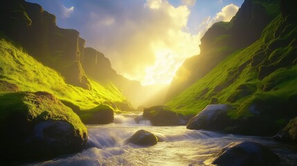 Majestic mountain river gorge at golden hour