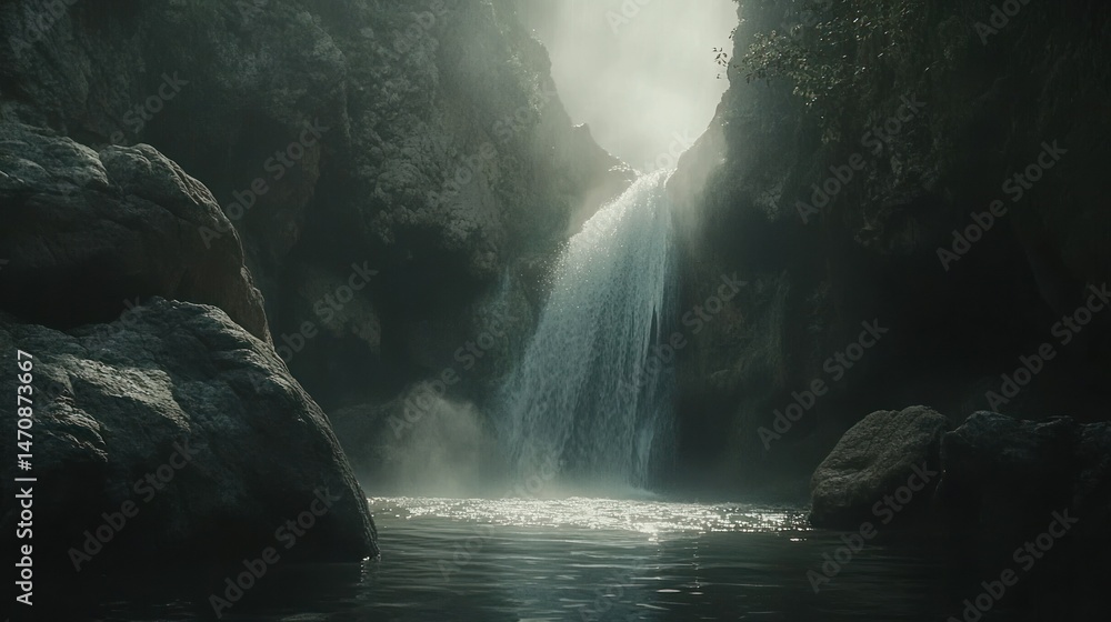 Poster a beautiful waterfall cascading into a tranquil and calm pool