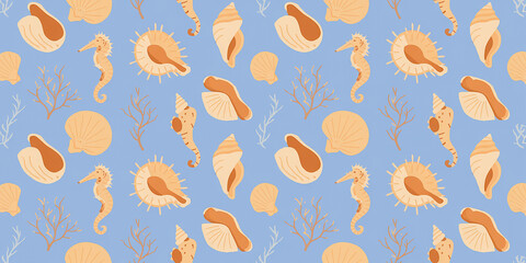 Obraz premium Seamless Tropical Ocean Pattern with Beige Seahorses, Shells, Coral & Marine Elements – Perfect for Summer Beach Decor