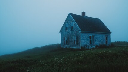 A weathered house rests on a grassy hill amidst a foggy landscape