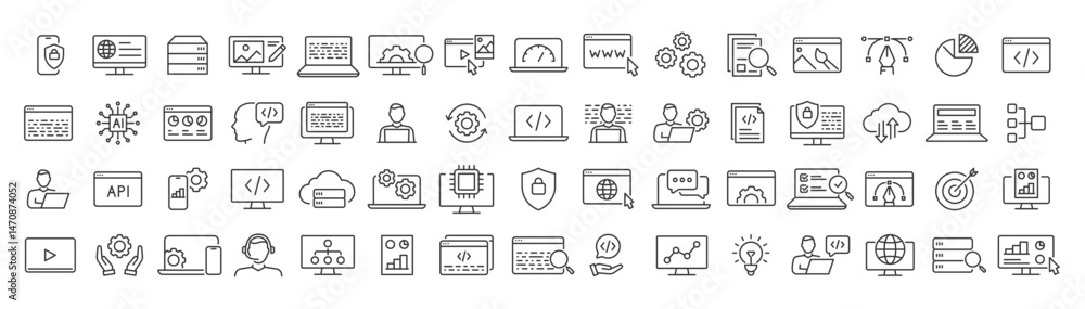 Poster linear icons depict software development concepts