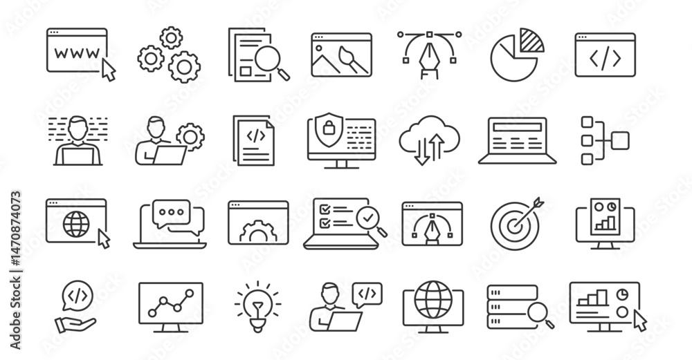 Poster outline icons symbolizing digital development concepts