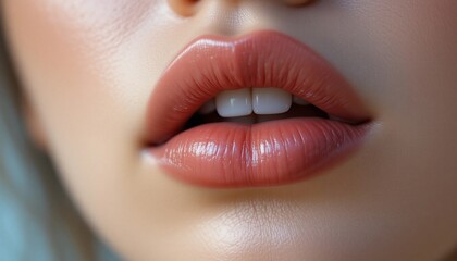 Close up of Woman s Beautiful Lips with Natural Makeup and Perfect Teeth