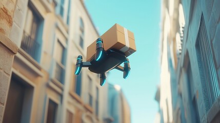 Drone Delivering Package Through Urban Street with Architectural Buildings