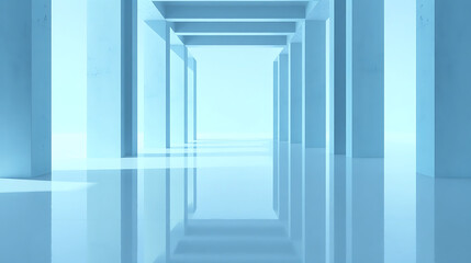 Minimalist Abstract Architectural Space with Symmetrical Pillars and Reflective Floor