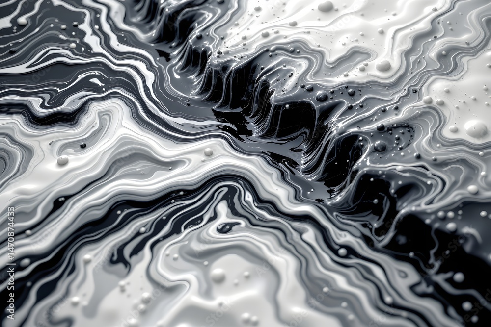 Poster abstract fluid motion: a mesmerizing close-up captures the interplay of grayscale liquids in a dynam