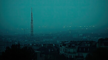 Misty cityscape at twilight