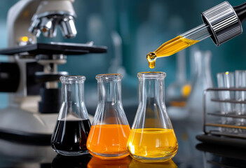Laboratory with test tubes and beakers filled with colorful liquids, showcasing scientific experimentation and discovery