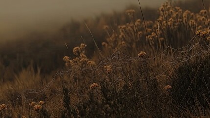 Misty morning in a field of dry,  golden grasses and small wildflowers.  Delicate spiderwebs glistening with morning dew