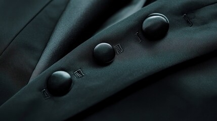 Close-up of elegant black suit buttons on tailored fabric