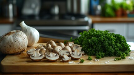Fresh mushrooms garlic and parsley arranged on a wooden cutting board