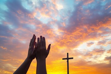 worship at sunrise with hands raised toward cross in colorful sky symbolizing faith, hope, and spiritual devotion