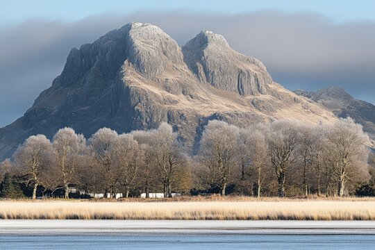 Frosty winter landscape with a majestic, twin-peaked mountain rising above a frozen lake and frost-covered trees