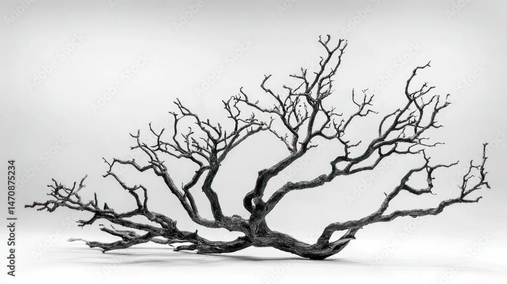 Poster the skeletal structure of a fallen tree against a white background
