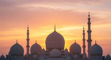 Fototapeta premium Iconic white mosque silhouetted against a vibrant sunset sky, showcasing stunning Islamic architecture