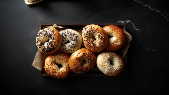 Freshly baked bagels with varied toppings in a rustic wooden box on dark background, showcasing assortment and texture of delicious breakfast treats