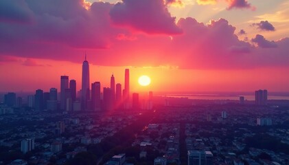 Fototapeta premium Stunning sunset paints the city skyline in vibrant hues of orange, pink, and purple , shadow, cool, city