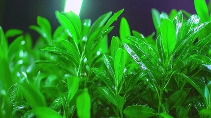 Obraz premium Dew glistens on vibrant green leaves thriving in a greenhouse, illuminated by artificial light, creating a serene botanical atmosphere