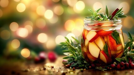 A glass jar filled with spiced apple slices and herbs