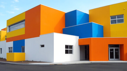 Vibrant Modern Building with Bold Color Blocking and Geometric Design