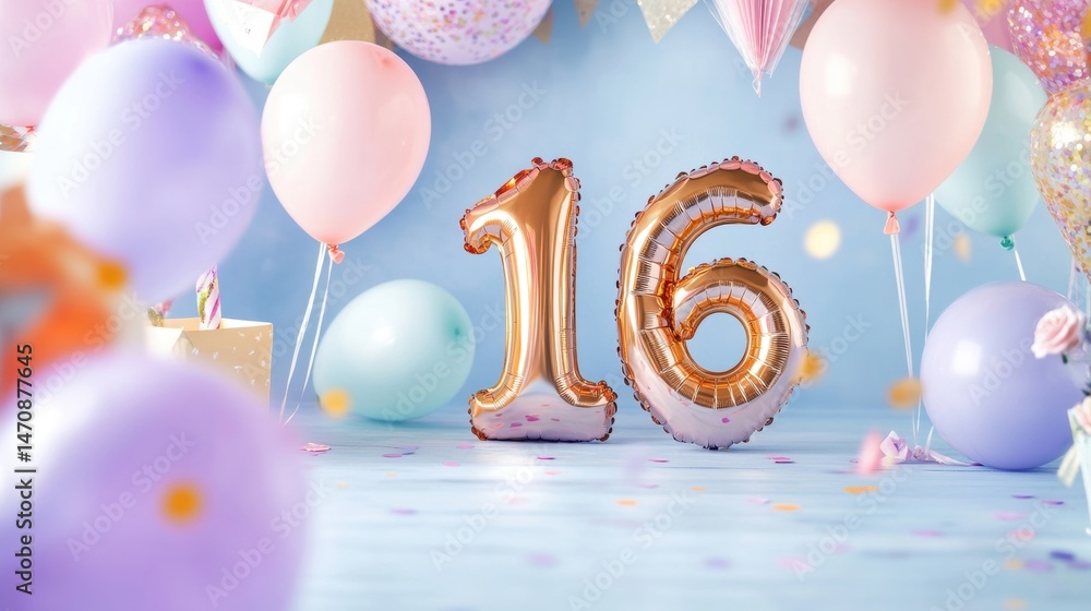 Poster balloons and decorations surround a large metallic number 16, creating a joyful atmosphere for a bir
