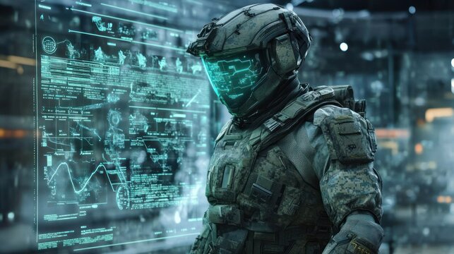 Futuristic soldier in tactical gear analyzing data in urban setting
