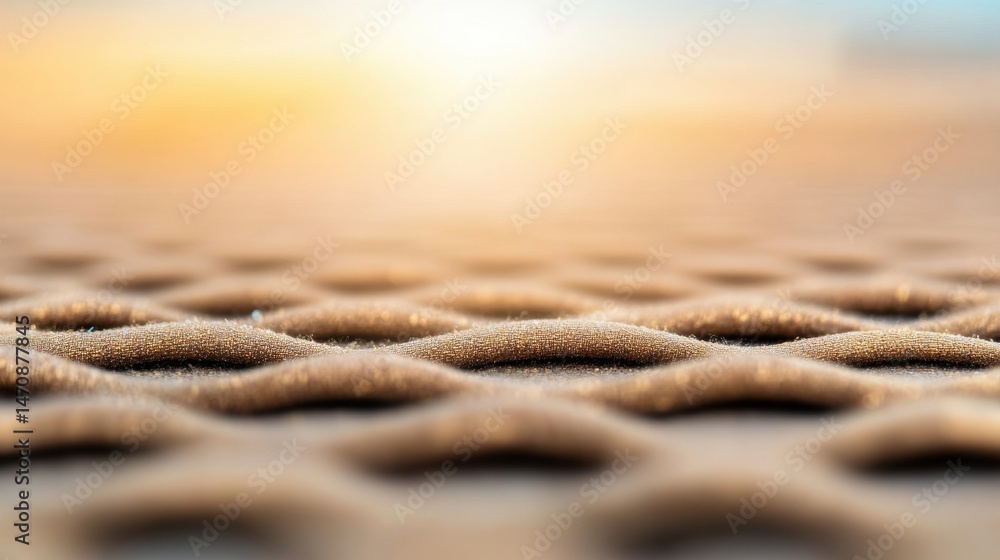 Aufkleber close-up view of a textured surface featuring wavy patterns, illuminated by a warm sunset glow in a 
