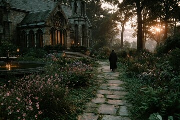 Fototapeta premium Enchanted Garden Path Leading to a Majestic Gothic Structure at Sunset Surrounded by Lush Vege