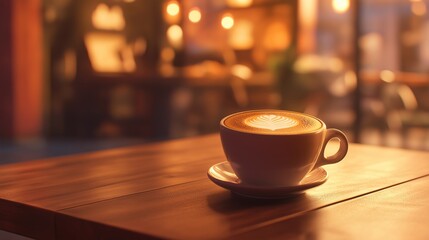 Obraz premium Latte art coffee cup in warm tones, a moment of crafted perfection.