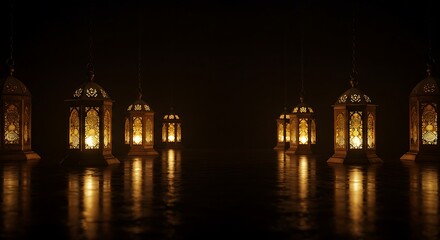 A collection of traditional ornate lanterns casts a warm, inviting glow in a dark, mysterious archway, perfect for Ramadan.
