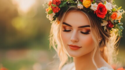 Naklejka premium A woman wearing a vibrant floral crown enjoys the warm sunlight in a blooming garden, showcasing her serene beauty and elegance