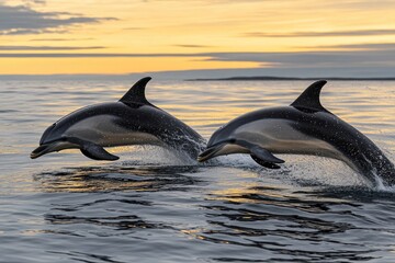 Fototapeta premium Dolphins leaping at sunset (1)