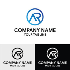 Initial AR letter geometric shaped rounded vector trendy modern logo design template. This image showcases three variations of a minimalist logo design featuring the letters 