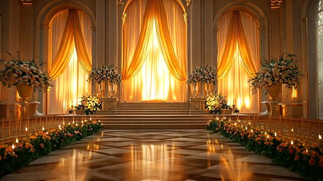 Elegant wedding ceremony setup with golden drapes and floral arrangements in a grand hall