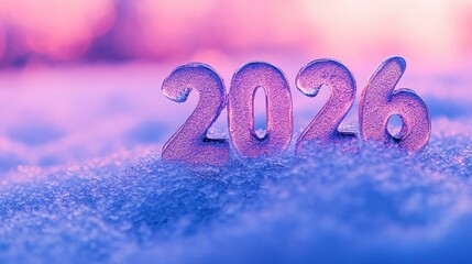 A frosty setting features the numbers 2026 surrounded by soft snow, emphasizing a vibrant winter atmosphere during dusk