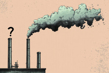 Factory chimney emitting cloud of smoke with a question mark, combining industrial pollution and existential doubt in a minimalist surreal visual language.