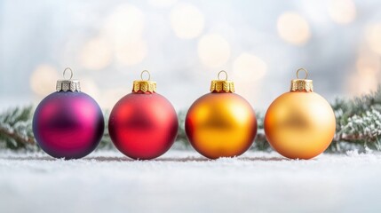 Obraz premium Four festive ornaments in red, gold, and purple sit on a snowy surface while soft lights twinkle in the background, creating a holiday mood