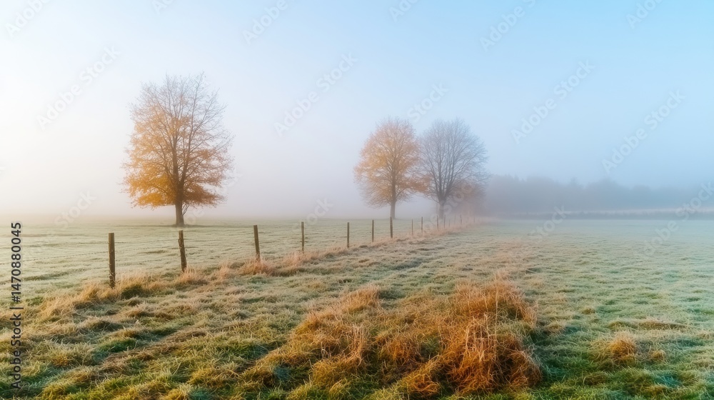 Poster a serene view of an open field shrouded in morning fog features trees with autumn foliage and a rust