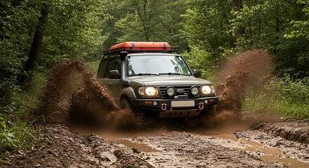 Adrenaline-fueled off-roading as a robust SUV creates a dynamic mud spray while navigating a wild, unpaved forest path.