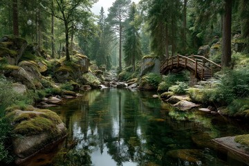 Fototapeta premium Serene Forest Stream with Wooden Bridge and Mossy Rocks
