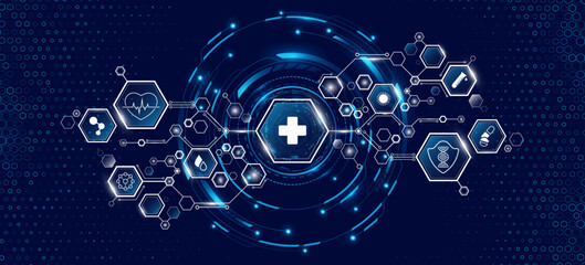 Abstract connected hexagons with health care icons and HUD circle on blue backdrop. Medical technology research presentation backdrop. Digital health insurance concept and access to welfare. Vector